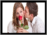 Mężczyzna, Para, Pocałunek, Róża, Kobieta, Czerwona